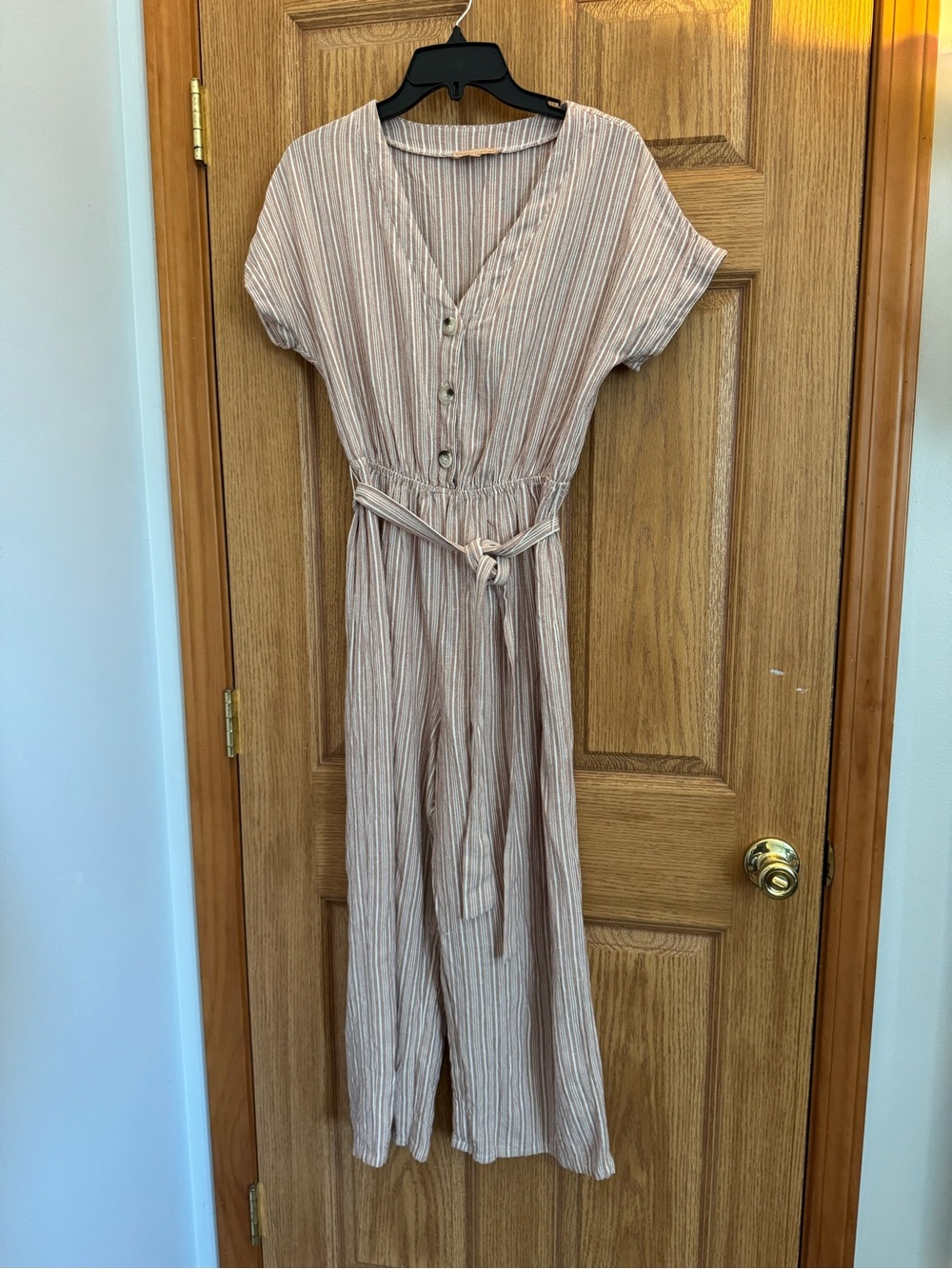 Evolutionary Striped V-Neck Cropped Jumpsuit in Taupe/White